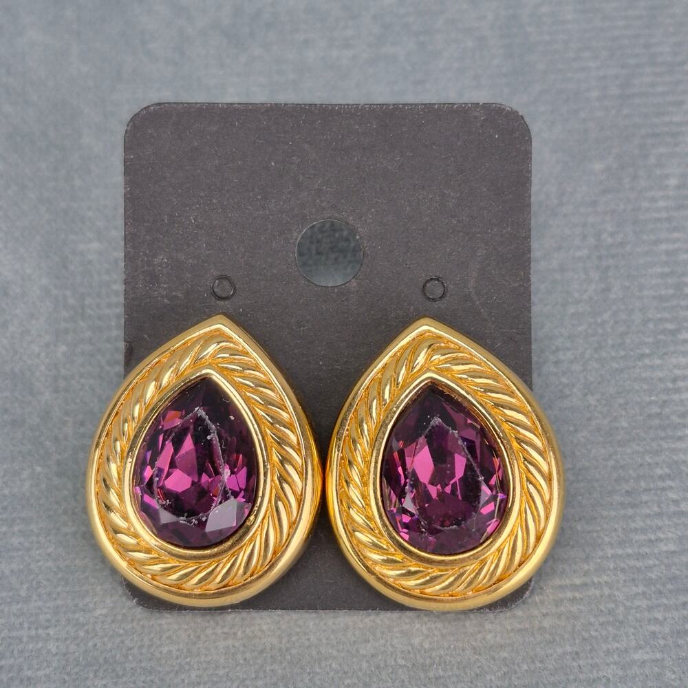 Swarovski Pear-Shaped Amethyst Gold Tone Vintage Pierced Earrings